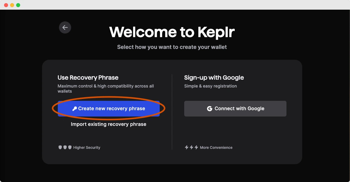 Create a new wallet from new recovery seed with Keplr