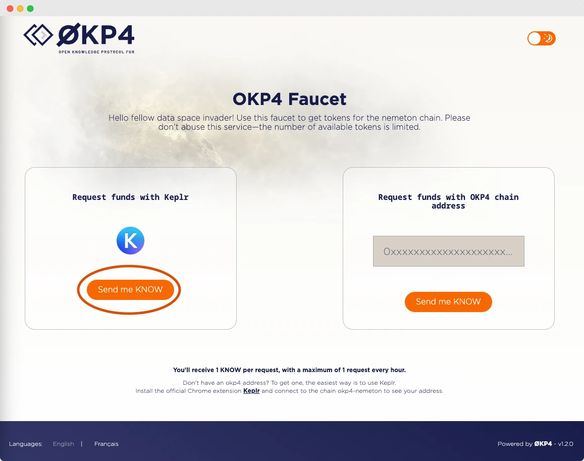 OKP4 Faucet, ask for $KNOW tokens